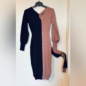 Fashion Nova Black and Dark Dusty Rose Two-Tone Button Midi Sweater Dress